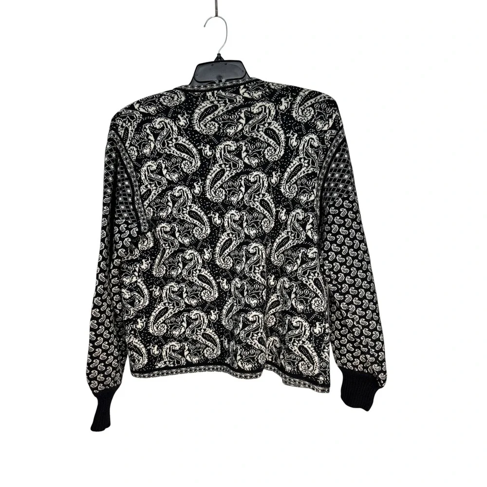 Ciao Ltd Vintage 100% Wool Paisley Cardigan Sweater Silver Dome Buttons Black 16